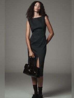 PILCRO Sleeveless charcoal midi denim dress sexy slit bottom Anthropologie XS